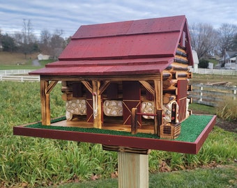 Western Bird Feeder Amish Handmade Large, Cedar Roof, Yellow Pine and White Stones