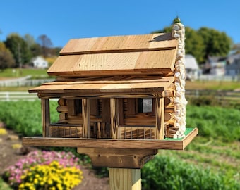 Log Cabin Bird Feeder, Amish Handmade, Cedar Roof, Yellow Pine, and Stone Chimney