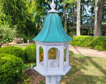 Patina Copper Roof Bird Feeder Large, 6 Sided, Bell Shaped Roof, Premium Feeding Tube