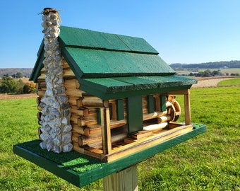 Log Cabin Bird Feeder, Amish Handmade, Waterwheel Decoration, Stone Chimney