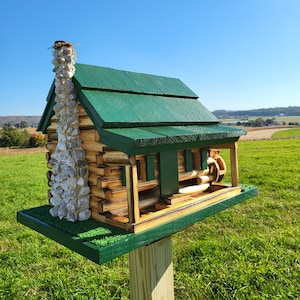 Log Cabin Bird Feeder, Amish Handmade, Waterwheel Decoration, Stone Chimney