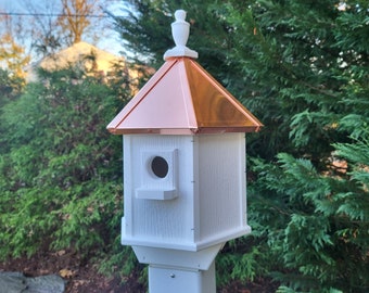 2 Nesting Compartments Amish Handmade Copper Roof Birdhouse With Individual Perches, Duplex 2 Holes Bluebird Songbird Bird House