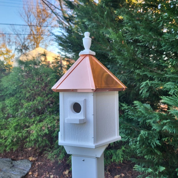 2 Nesting Compartments Amish Handmade Copper Roof Birdhouse With Individual Perches, Duplex 2 Holes Bluebird Songbird Bird House