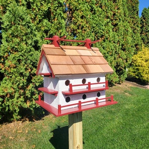 Purple Martin White Bird House Amish Handmade 14 Nesting Compartments Weather Resistant Birdhouse outdoor Whitre + Red trim