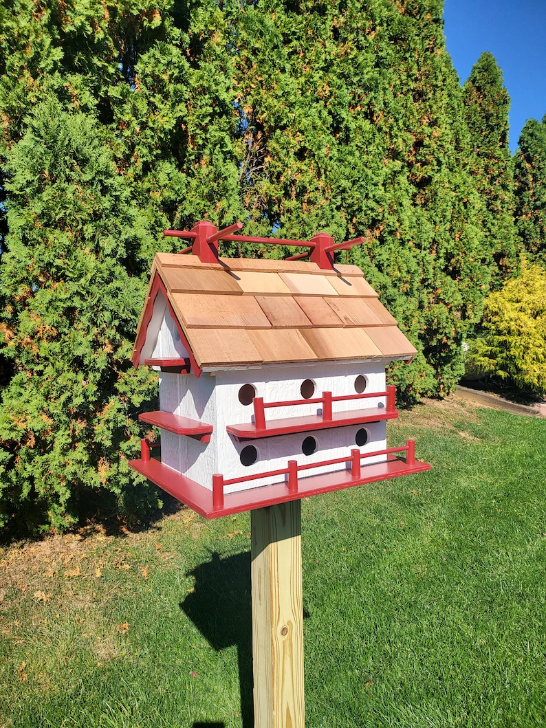 Purple Martin White Bird House Amish Handmade 14 Nesting Compartments Weather Resistant Birdhouse outdoor Whitre + Red trim