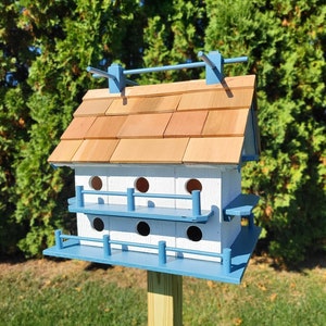 Purple Martin White Bird House Amish Handmade 14 Nesting Compartments Weather Resistant Birdhouse outdoor White + Blue trim