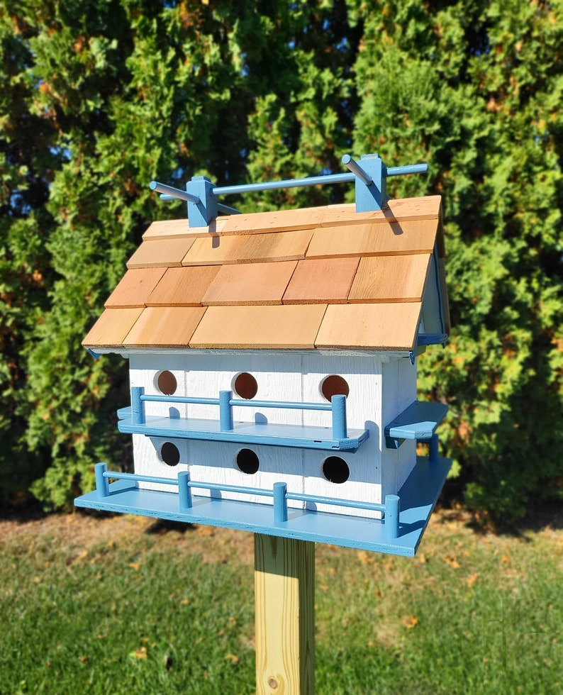 Purple Martin White Bird House Amish Handmade 14 Nesting Compartments Weather Resistant Birdhouse outdoor White + Blue trim