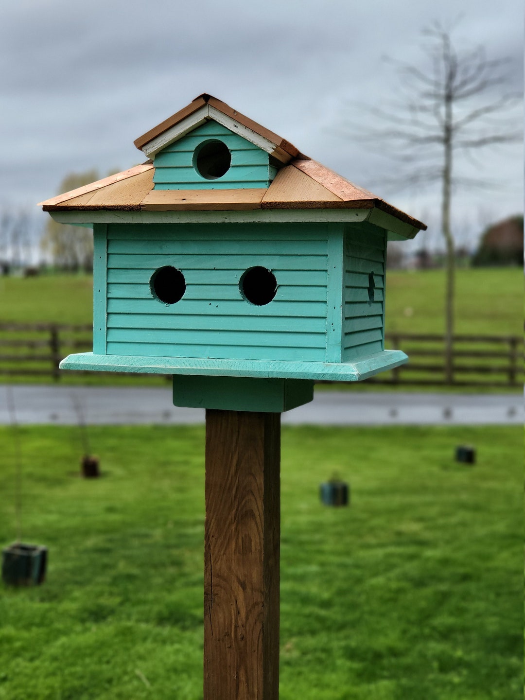 Amish Handmade Purple Martin Bird House Primitive Design Cedar Roof, Copper Trim, With 5 Nesting