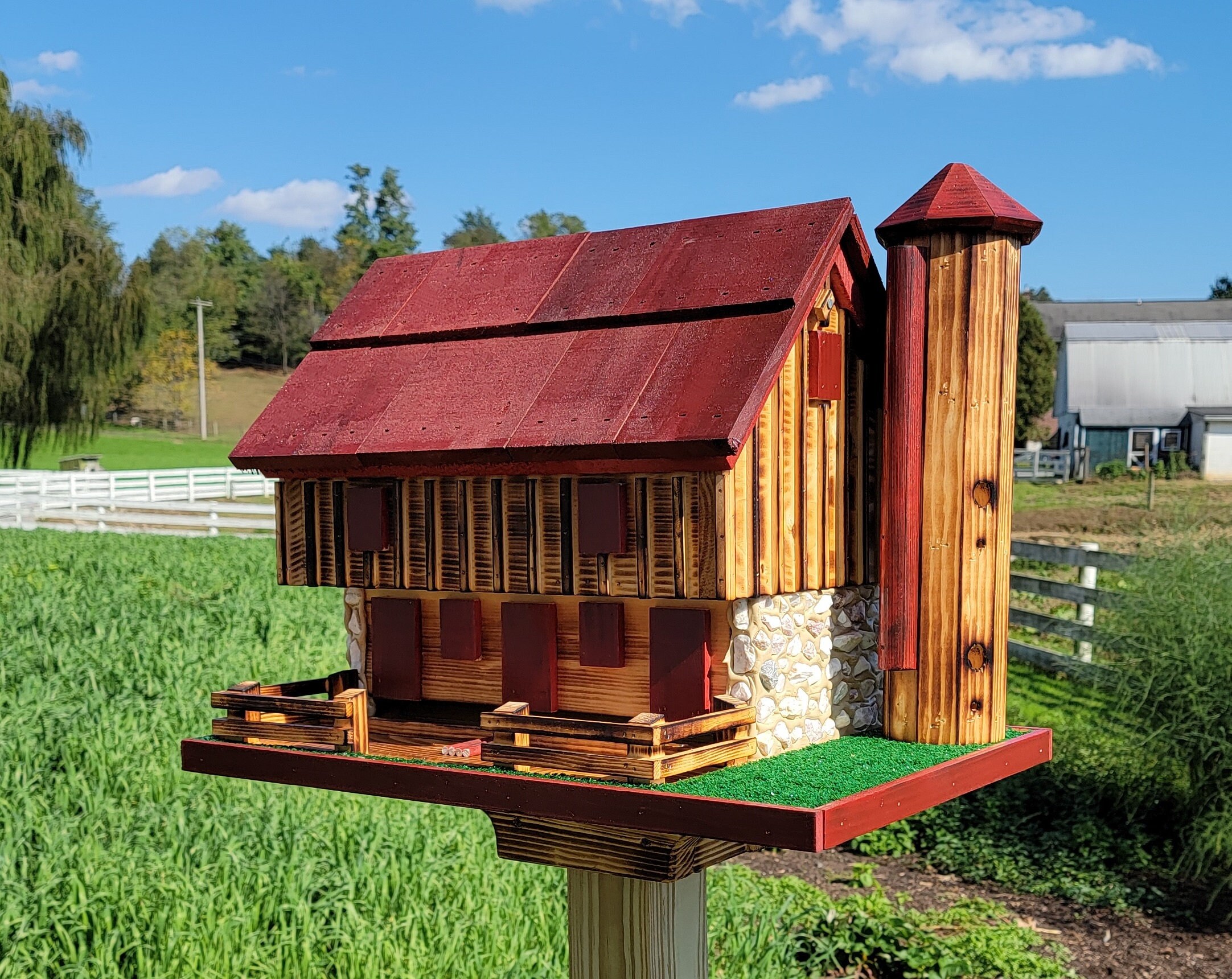 Log Cabin Barn Bird Feeders Amish Handmade, With Cedar Roof, Silo and