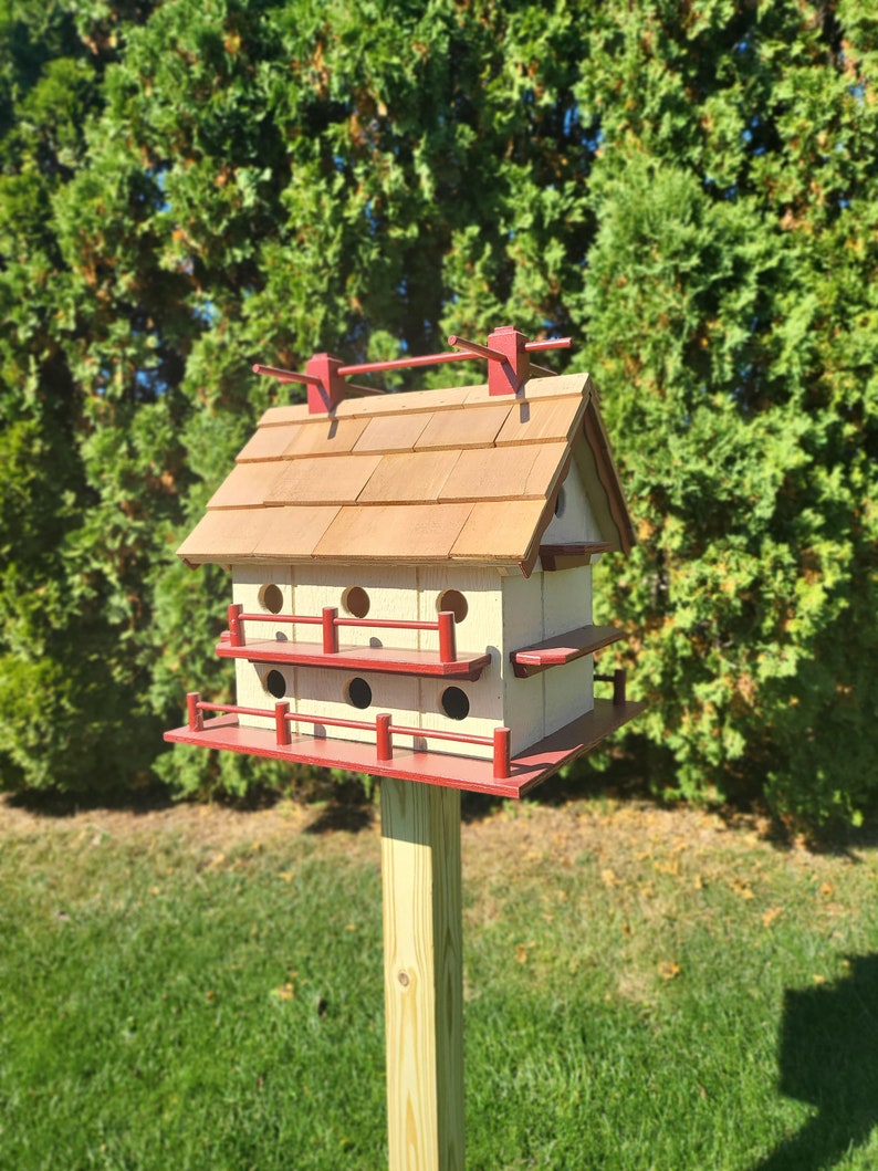 Purple Martin White Bird House Amish Handmade 14 Nesting Compartments Weather Resistant Birdhouse outdoor Beige + Red trim