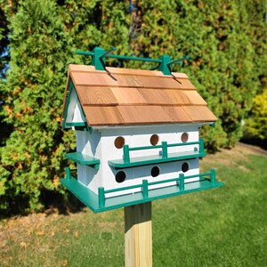 Purple Martin White Bird House Amish Handmade 14 Nesting Compartments Weather Resistant Birdhouse outdoor White + Green trim