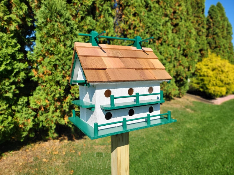 Purple Martin White Bird House Amish Handmade 14 Nesting Compartments Weather Resistant Birdhouse outdoor White + Green trim