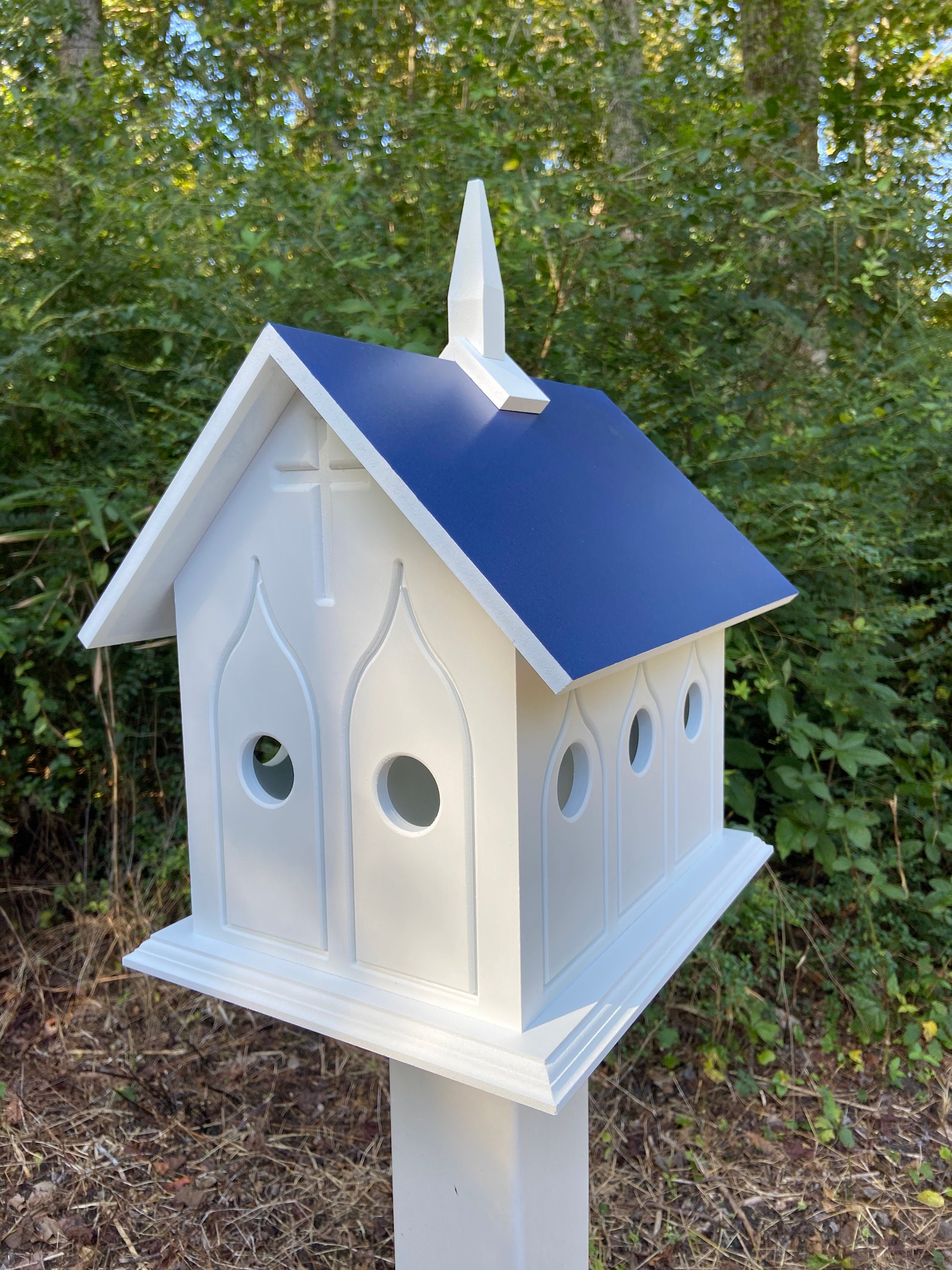 Chapel Birdhosue Handmade, Choose Roof Color, Bird House For The Outdoors, Pole - Picture 12 of 19