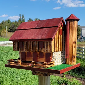 Barn Bird Feeder Log Cabin Amish Handmade, With Cedar Roof, Silo and White Stones, Extra Large Handcrafted Amish Double Bird Feeders