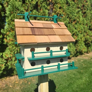 Purple Martin White Bird House Amish Handmade 14 Nesting Compartments Weather Resistant Birdhouse outdoor Beige + Green trim