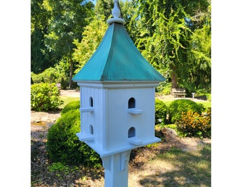 Patina Copper Roof Garden Bird House Handmade, Extra Large With 8 Nesting Compartments, Weather Resistant Birdhouses Outdoor