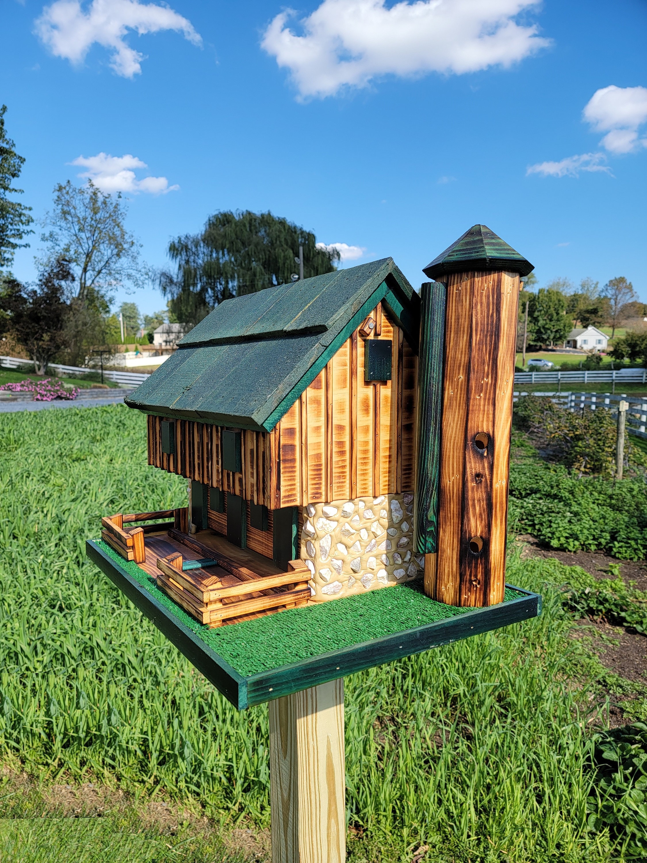 Log Cabin Barn Bird Feeders Amish Handmade, With Cedar Roof, Silo and