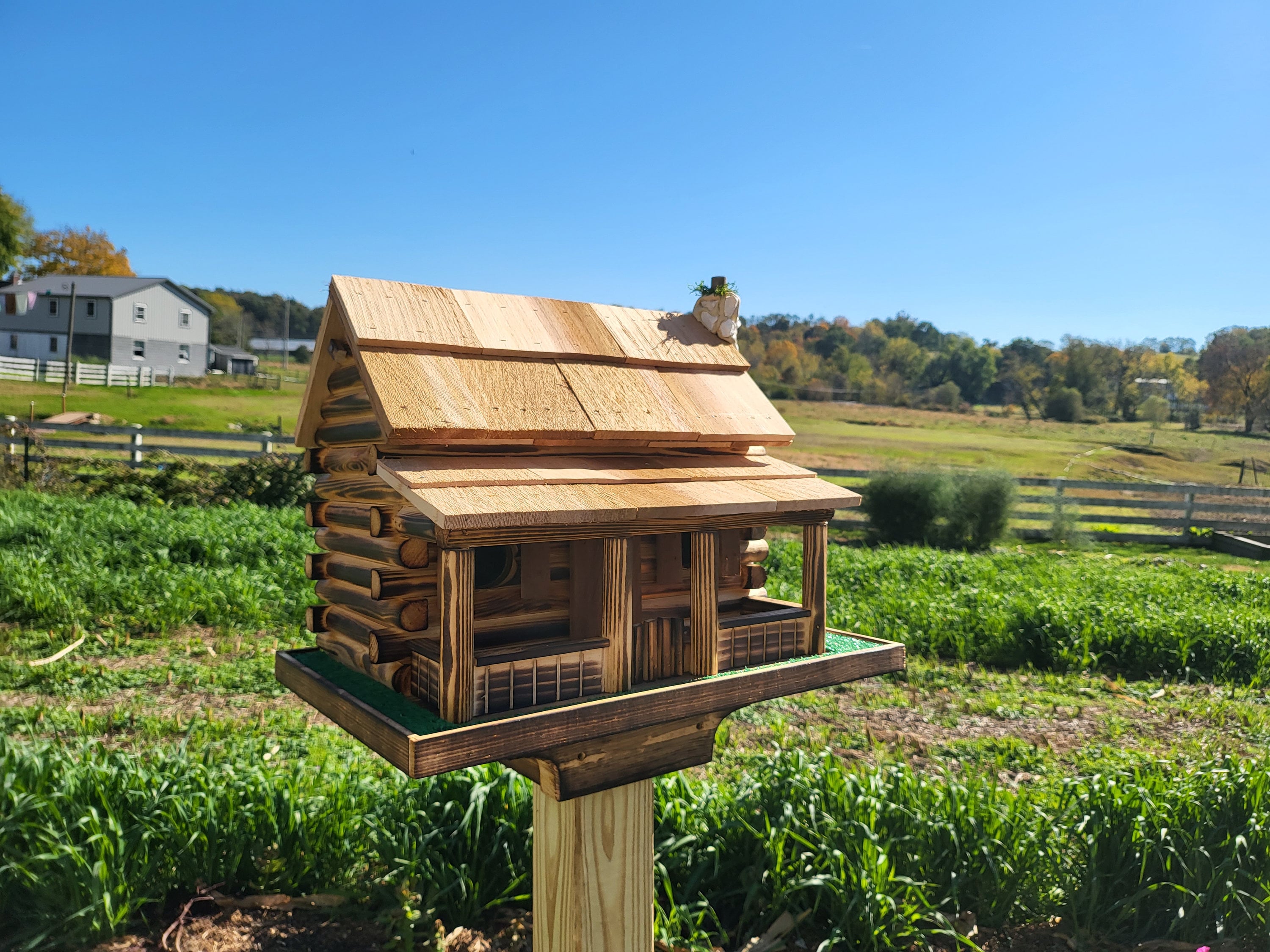 Log Cabin Bird Feeder, Amish Handmade, Cedar Roof, Yellow Pine, and