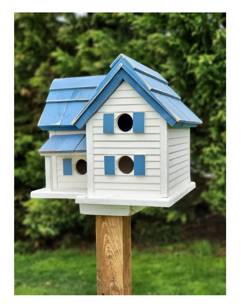 May include: A white and blue birdhouse with two nesting holes. The birdhouse has a blue roof and is mounted on a wooden post.