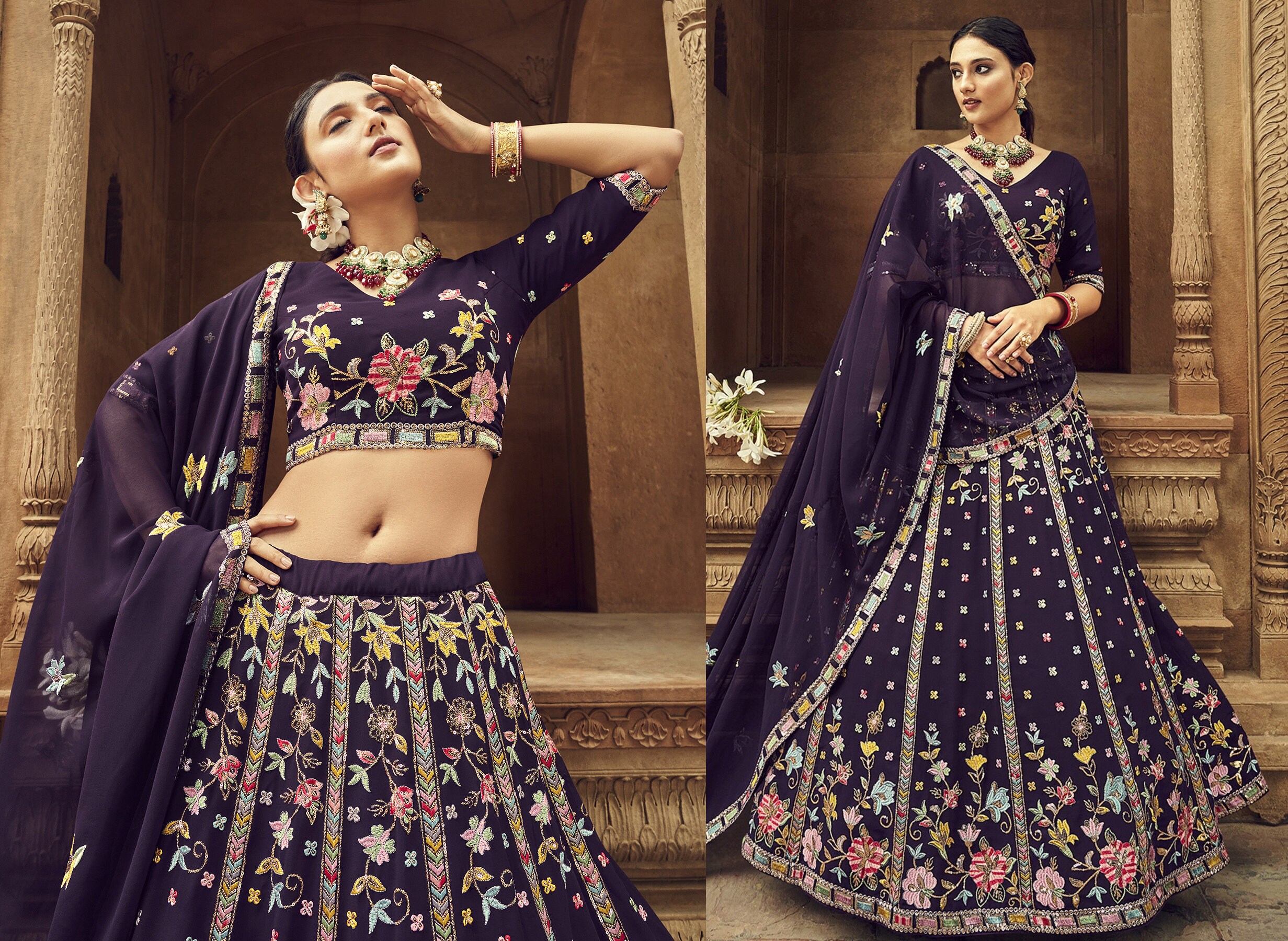 Violet Purple Sabyasachi Inspired Bridal Silk Lehenga Choli