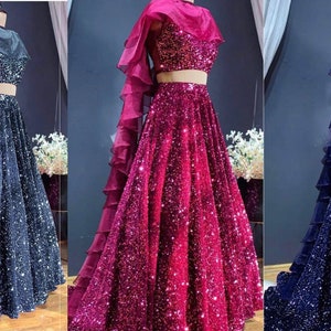 Pink Bollywood Heavy Velvet Sequence Work Wedding lehenga choli party wear lehenga choli for Women, lehenga blouse