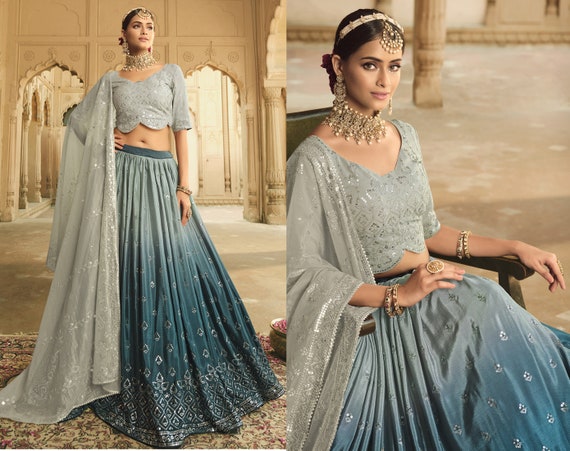 Sabyasachi Style Grey teal Blue Lehenga Choli With Embroidered