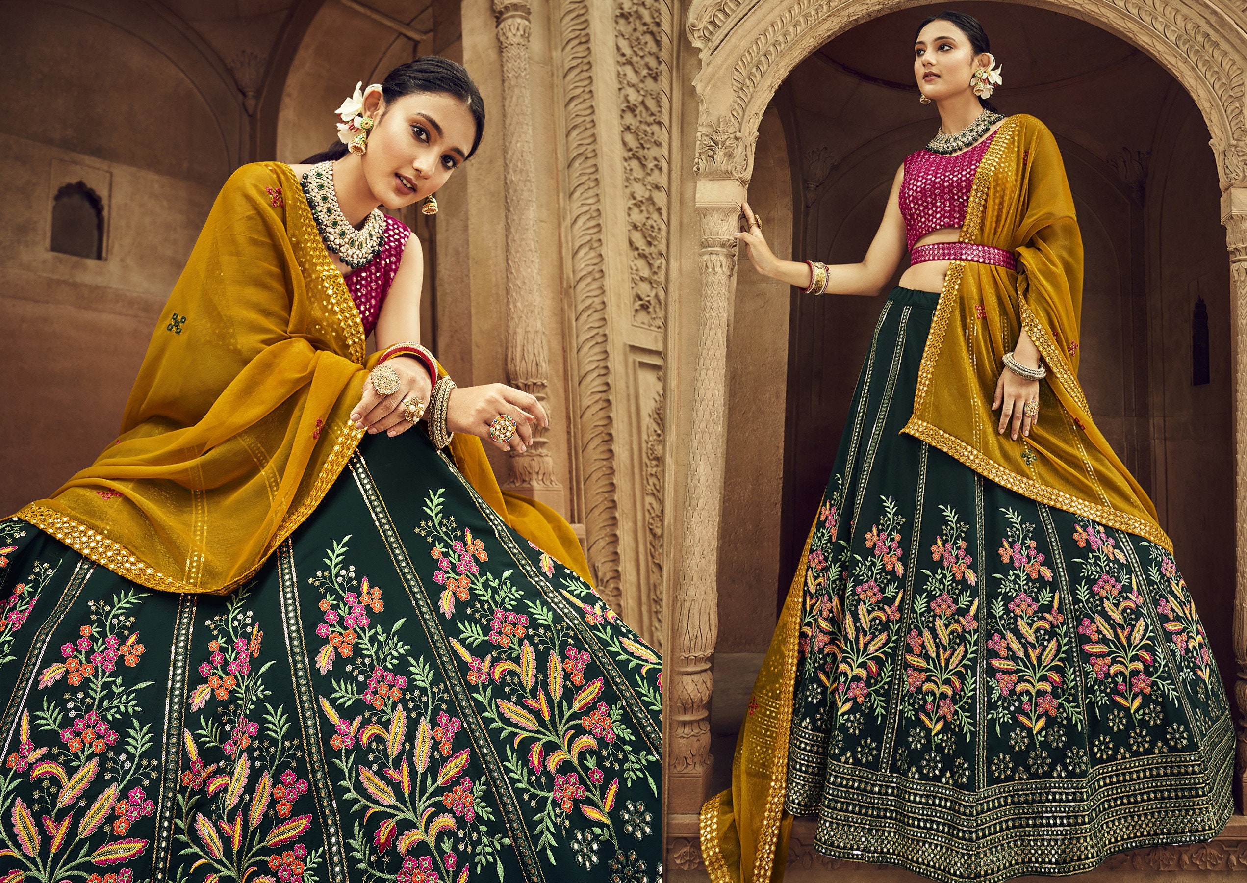 Mustard and Bottle Green Sequin and Zari Embroidred Lehenga Set – Akshayini