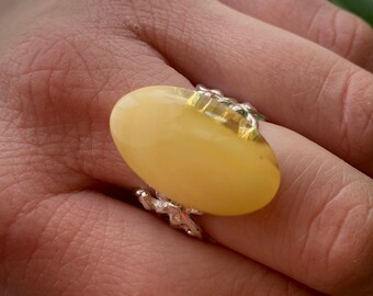 Genuine Baltic Amber, Silver Ring with Yellow Amber, Milky Amber from Poland, Unique Ring, Ring for Women, Unique Jewelry