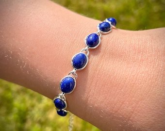Pulseira de Lápis-lazúli genuíno em prata, joia em prata 925, pulseira de lápis-lazúli natural, pulseira exclusiva, lápis-lazúli em prata, pulseira de corrente