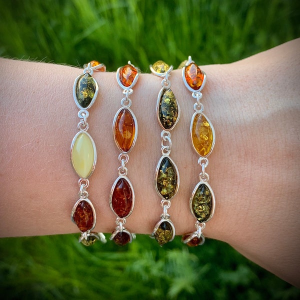 Bracelet d'ambre, argent sterling 925, bijoux minimalistes, petit bracelet chaîne avec pierres, ambre vert, bracelet d'ambre cognac, ambre laiteux