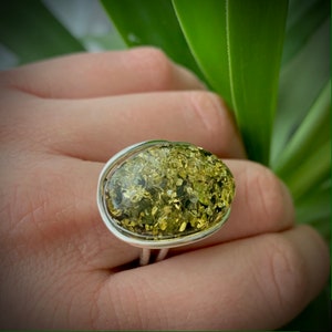 Genuine Amber Ring, Adjustable Silver Ring with stone, Sterling Silver, Green Amber, Big Ring, Statement Ring Gift for Women, Unique Jewelry