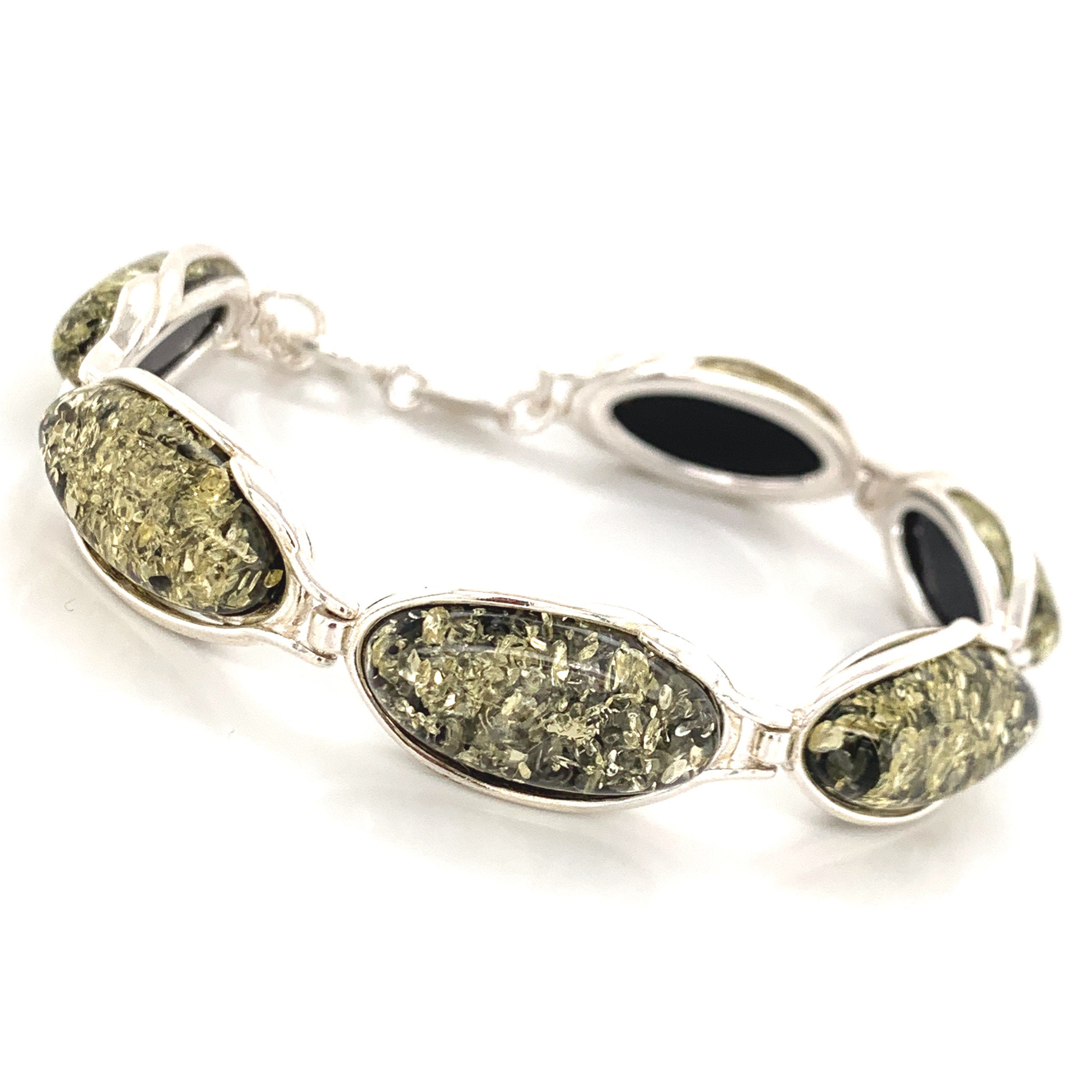 Bracciale in ambra in argento sterling 925 e ambra baltica ecte goccia in 3 colori – limone, gognac e verde, misura 18 – 20 cm, bracciale in argento da donna, 18-20, Argento sterling Pietra, Ambra