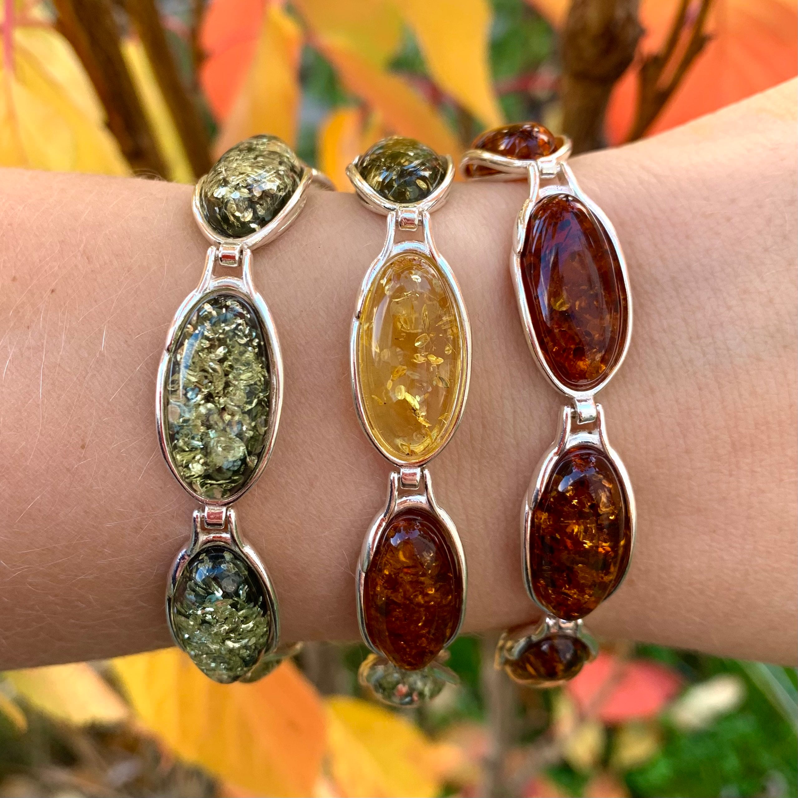 Bracciale Ambra Baltica Argento 925 - Gocce Limone, Cognac, Verde - 18-20 Cm - 5