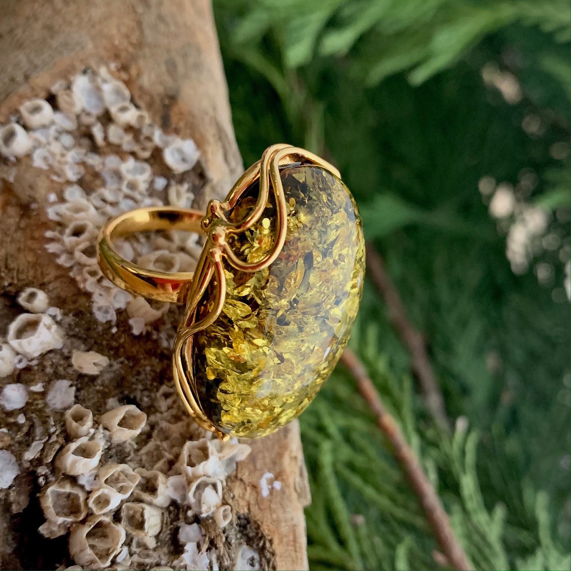 Green Amber Ring Silver Gold Plated Handmade Ring Etsy UK