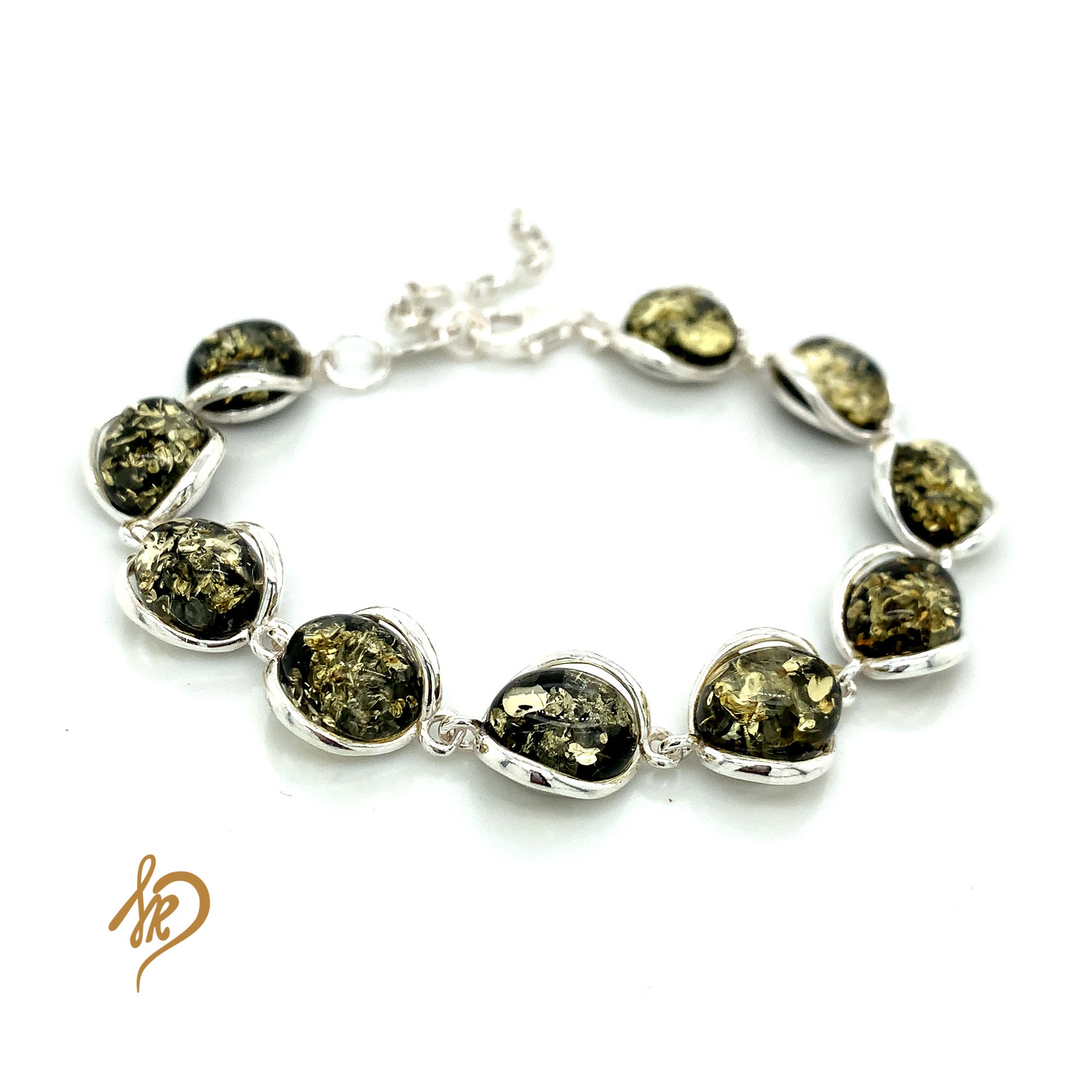 Bracciale Ambra Baltica Argento 925 - Gocce Limone, Cognac, Verde - 18-20 Cm - 2