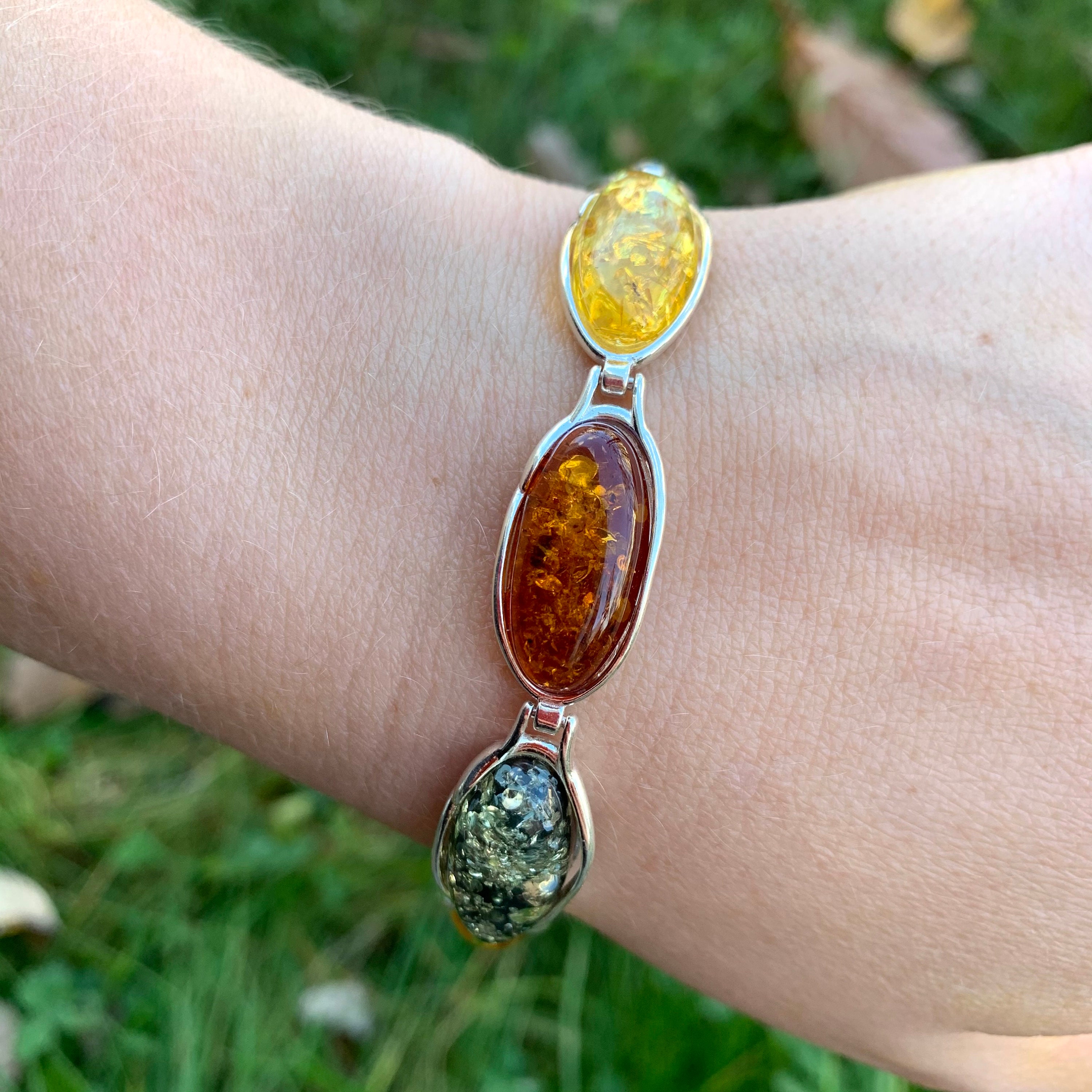 Bracciale Ambra Baltica Argento 925 - Gocce Limone, Cognac, Verde - 18-20 Cm - 3