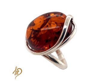 Bernstein Ring, Echter Baltischer Bernstein, 925 Silber Ring, Verstellbarer Ring, Cognac Bernstein, Statement Ring mit Bernstein, Handgemachter Schmuck, Geschenk für Sie