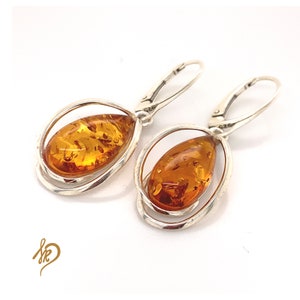 Genuine Baltic Amber Earrings, Sterling Silver 925, Dangle Earrings with Natural Stones, Green Amber, Cognac Amber, Unique Silver Earrings