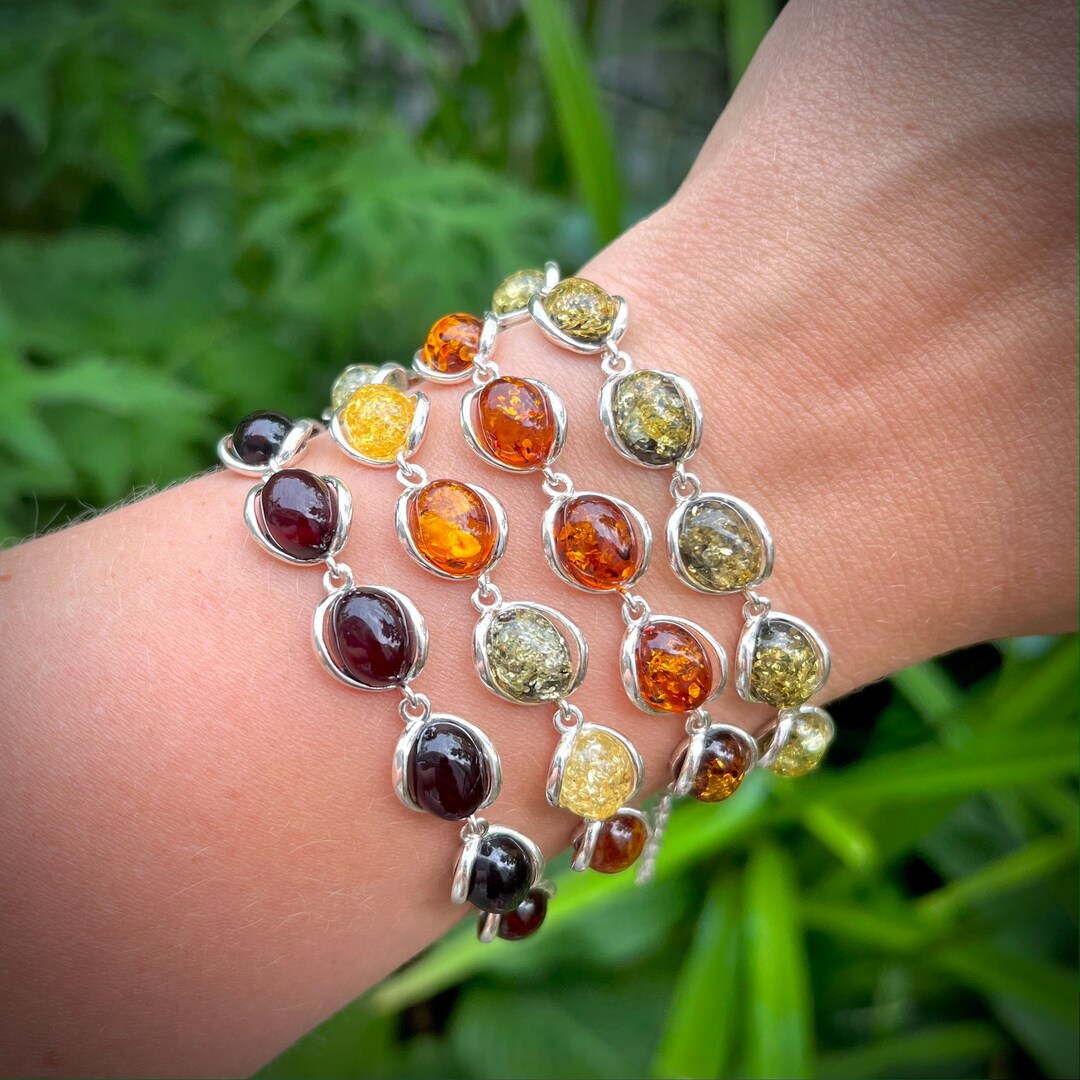 Bracciale Ambra Baltica Argento 925 - Gocce Limone, Cognac, Verde - 18-20 Cm - 4