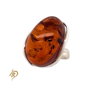 Amber Ring, Genuine Baltic Amber, 925 Silver Ring, Adjustable Ring, Cognac Amber, Statement Ring with amber, Handmade Jewelry, Gift for her