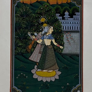 Radha Krishna  - India Miniature Painting on Art Silk by Jeypore