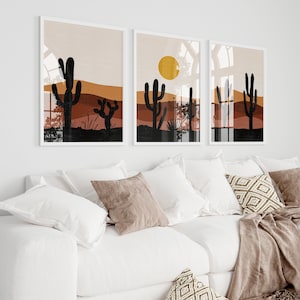 Kaktus Wand Kunst 3er-Set, Boho Wüstendrucke, Mid Century Modern Dekor, Erdfarben Kaktus Poster, minimalistisches Southwestern Kunstwerk, digitale Kunst
