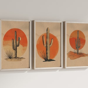 Juego de 3 impresiones minimalistas de cactus para pared, impresiones vintage del desierto, póster botánico de sol bohemio, obra de arte de plantas retro, descarga digital para decoración del hogar