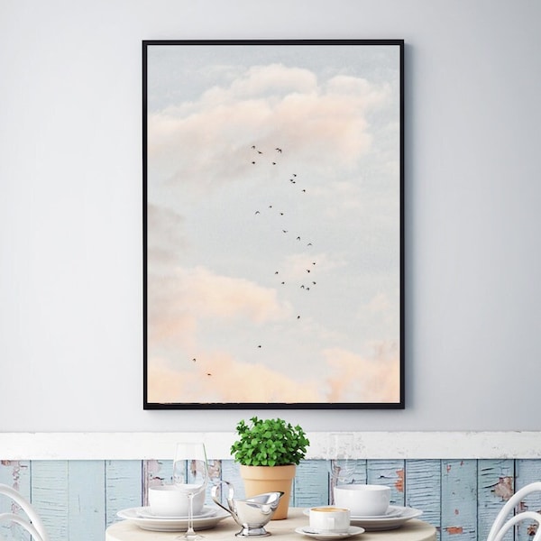 Soft clouds Print,Flock of Birds Wall Art,Large Minimal Nature Art,Printable Wall Decor,Instant Download,Modern Minimalist Poster,Birds Art.