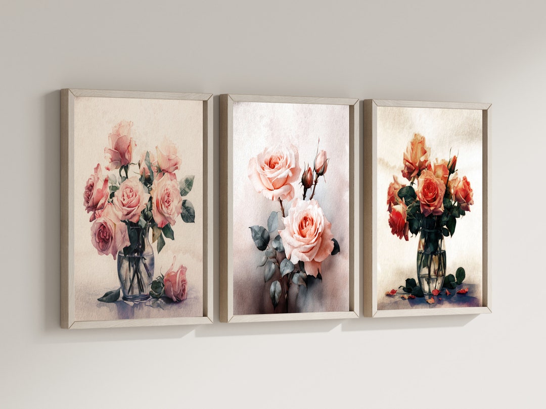 Vintage Rose Wall Art Set of 3, Floral Still Life Prints, Muted ...