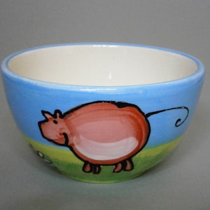 Hand-Painted Piggy Bowl Cereal/Soup Bowl (Vintage 2000s) Bright Colors In Blue Green Pink And White Mint Condition