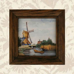 Piastrella Royal Dutch Makkumer - Tipica scena lacustre della Frisia con mulino a vento - Cornice in legno anni &#39;70, condizioni perfette