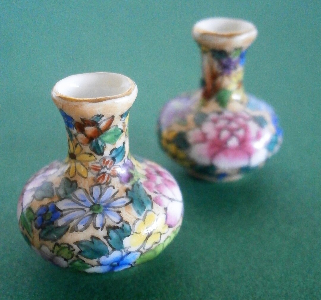 Miniature Chinese Vases Handpainted Porcelain Vintage 1950s Colorful