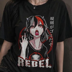 REBEL Anime Girl T-Shirt, Snake Tongue Punk Tee, Kawaii Metal Grunge Shirt