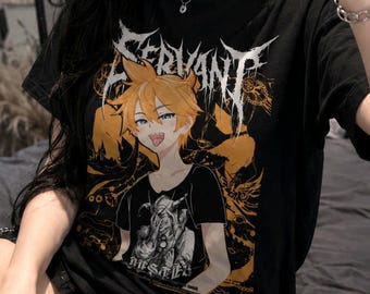 SERVANT Vocaloid Len Anime T-Shirt, Kawaii Death Metal, Jester Graphic, Dark Streetwear Tee